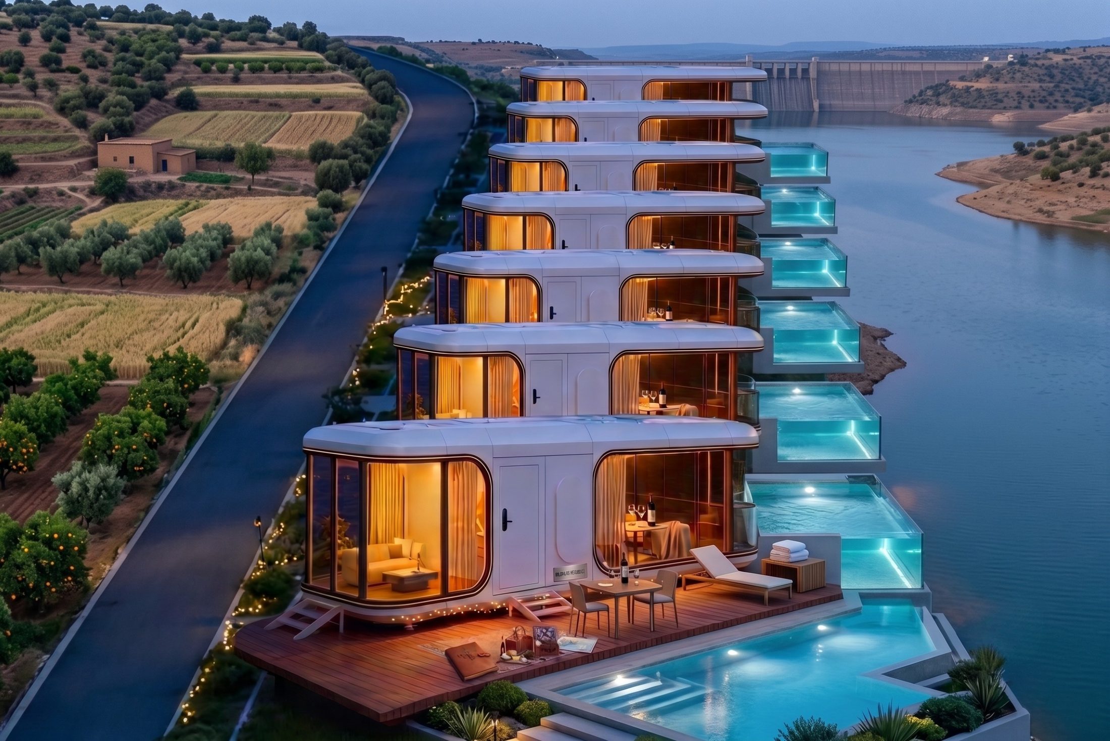 Rangée de tiny houses premium en cascade au bord d'un lac, avec piscines à débordement — le produit déployé à l'échelle d'un resort