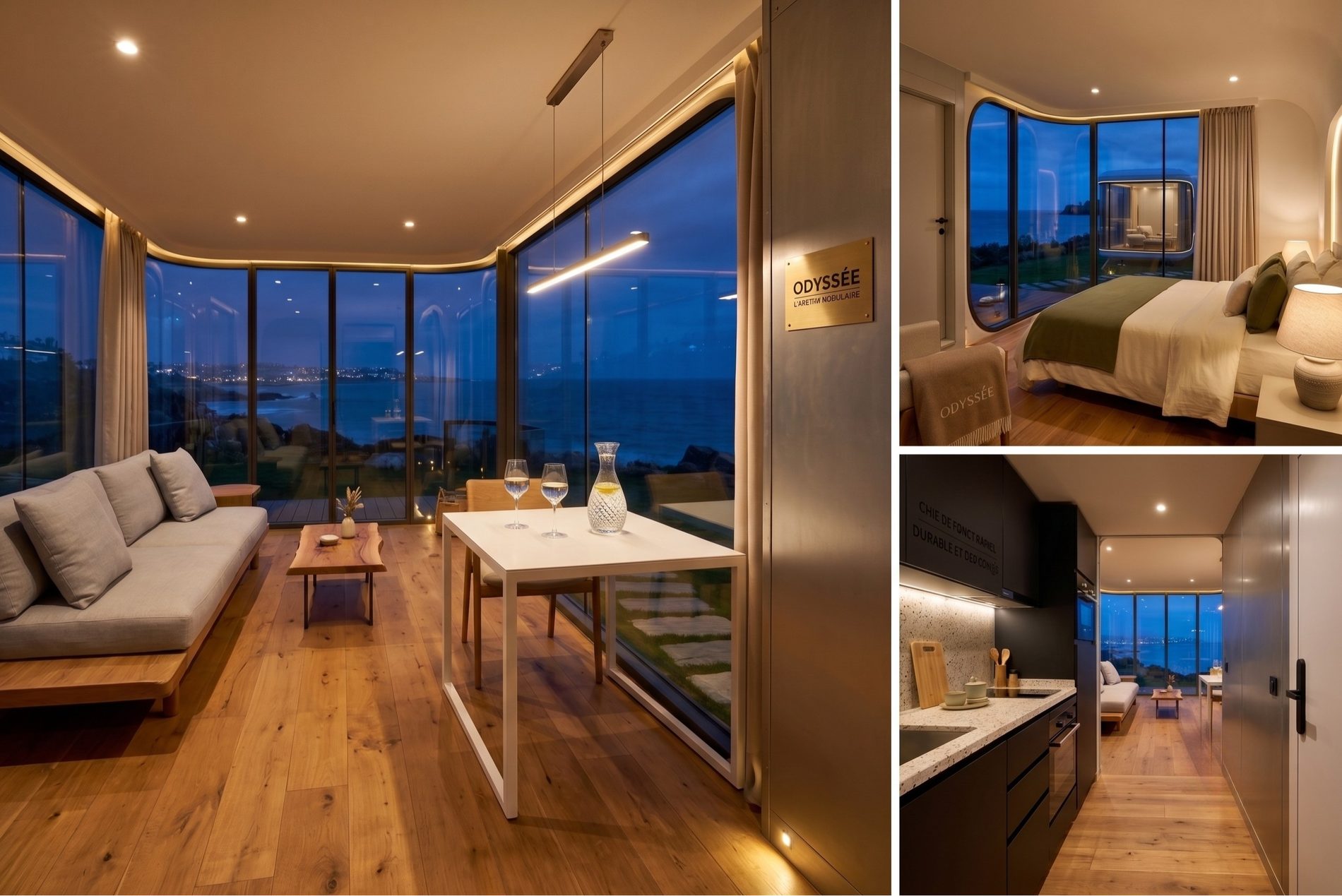 Intérieurs d'une tiny house ODYSSÉE : salon, chambre et cuisine haut de gamme