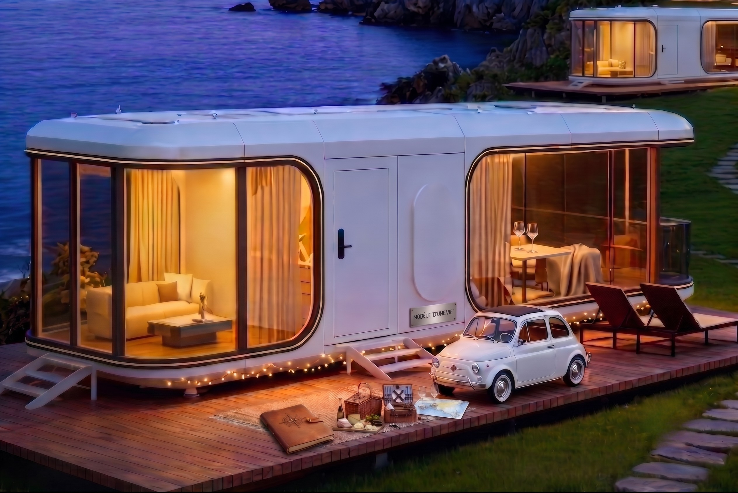 Module tiny house premium ODYSSÉE au crépuscule : intérieur chaleureux illuminé, terrasse et voiture d'époque au bord de l'eau