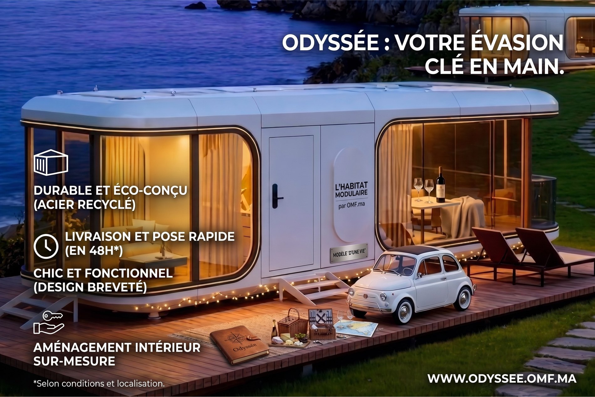 ODYSSÉE : votre évasion clé en main — habitat modulaire durable et éco-conçu (acier recyclé), livraison et pose en 48 h, design breveté, aménagement sur-mesure — www.odyssee.omf.ma